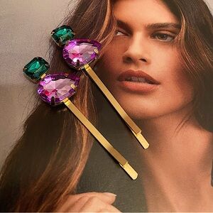 Women’s Decorative Accessories Purple & Green Rhinestones Barrette Hair Pins.